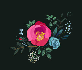Flowers. Floral Embroidery design. Raster illustration