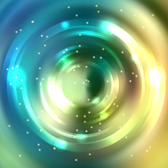 Abstract circle background, Vector design. Vector infinite round tunnel of shining flares. Blue, yellow, green colors.