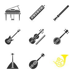 Musical instruments glyph icons set