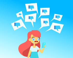 Upset crying girl with social media dislike icons around. Thumbs Down.  Virtual haters concept. Flat vector illustration.