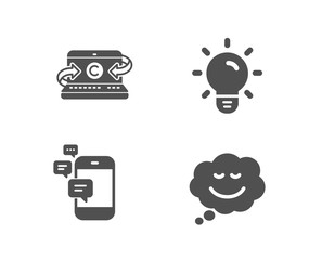 Set of Communication, Light bulb and Copywriting notebook icons. Speech bubble sign. Smartphone messages, Lamp energy, Writer laptop. Comic chat.  Quality design elements. Classic style. Vector