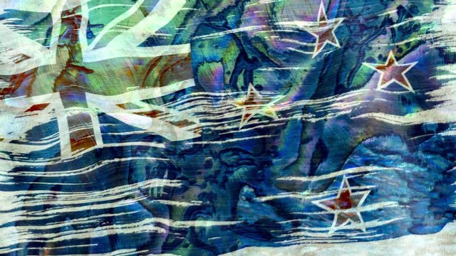Closeup of art brush watercolor painting New Zealand flag on a paua shell (Haliotis Iris) background blown in the wind.