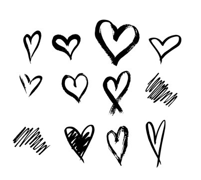 Set of ten outline hand drawn heart icon.Hand drawn doodle grunge heart vector set.Rough marker hearts isolated on white background. vector heart collection.Unique Painted