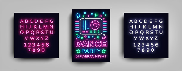 Dance party poster design template in neon style. Night party DJ neon sign, light banner, flyer nightlife advertisement, party invitation concert, disco. Vector illustration. Editing text neon sign