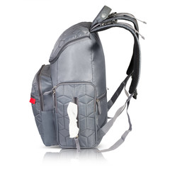 Side view of stylish silver color leather waterproof back bag with comfortable back handle to carry easily. With this bag you should take it anywhere.