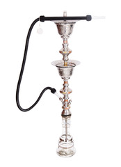 Close up standing view of elegant designer silver hooka stand with black rubber pipe. Add your favorite erotic flavour and enjoy blowing plumes of smoke.