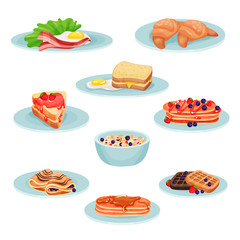 Breakfast menu food set, иacon, fried eggs, croissant, sandwich, pancakes, muesli, wafers vector Illustration on a white background