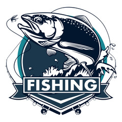 Salmon fish.Vintage Salmon Fishing emblems, labels and design elements. illustration.