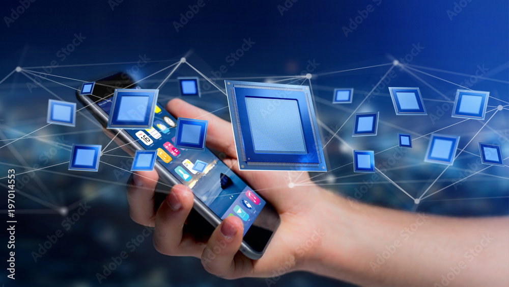 Poster businessman using a smartphone with a processor chip and network connection - 3d render