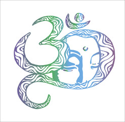 The face of the Buddha is inscribed in the om. Color illustration. Buddhism