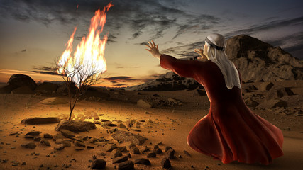 Moses and the burning bush. Story of book of exodus in bible. The shrub was on fire, but was not consumed by the flames. - obrazy, fototapety, plakaty