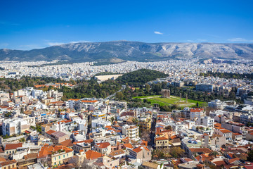 View of Athesn from Acropolis hill on sunny day, Temple of Olympian Zeus