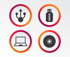 Usb flash drive icons. Notebook or Laptop pc symbols. CD or DVD sign. Compact disc. Infographic design buttons. Circle templates. Vector
