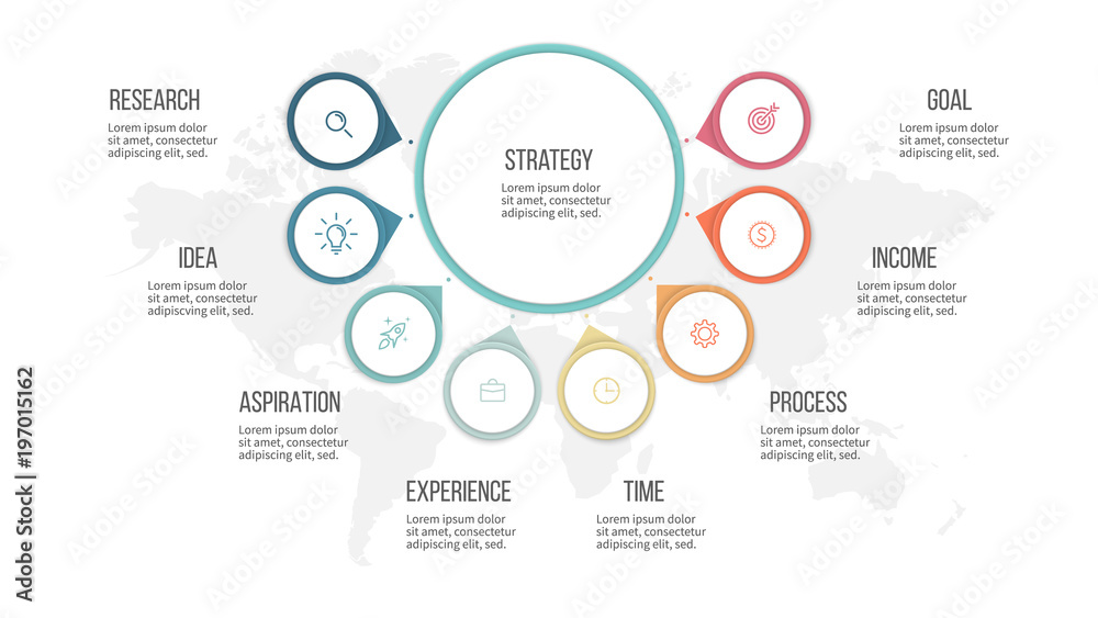 Sticker business infographic. organization chart with 8 options. vector template.