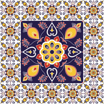 Italian tile pattern vector with porcelain ornament texture. Big element in center is framed. Ceramic background with portuguese azulejo, mexican talavera, spanish, sicily majolica, moroccan motifs.