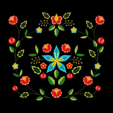 Polish folk pattern vector. Floral ethnic ornament. Slavic eastern european print. Square flower design for gypsy interior textile, bohemian pillow case, fashion embroidery, boho poster, silk scarf.