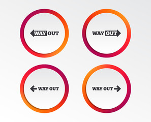 Way out icons. Left and right arrows symbols. Direction signs in the subway. Infographic design buttons. Circle templates. Vector