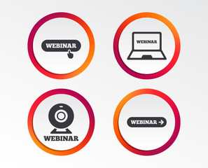 Webinar icons. Web camera and notebook pc signs. Website e-learning or online study symbols. Infographic design buttons. Circle templates. Vector