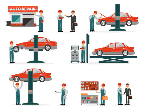 Car repair auto service set, auto mechanics in uniform in repair work process with equipment and clients vector Illustrations on a white background