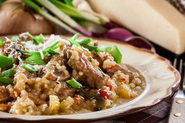 Risotto with champignon mushrooms, pork and parmesan