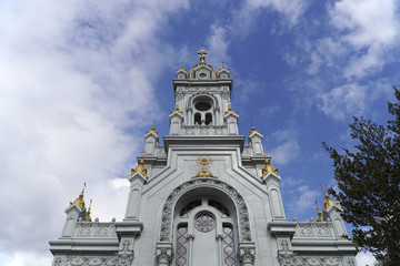 Fototapeta na wymiar Tower of The Bulgarian Orthodox St. Stephen Church or known as Iron Church and Sveti Stefan at Istanbul, Balat District. Church reopened after big restoration.