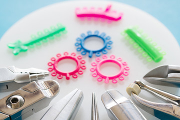 Orthodontic appliance tools set in the clinic for dentist to work.