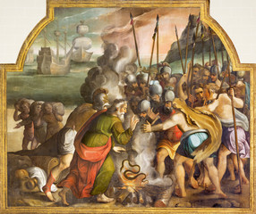 ZARAGOZA, SPAIN - MARCH 3, 2018: The biblical scene withe St. Paul and the viper in Malta in the...