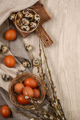 quail and chicken eggs with willow branches wyth textile. Springtime. Top view. Copyspace. Happy easter