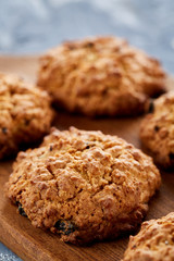 Top view close-up picture of tasty cookies on the cutting board, shallow depth of field, selective focus