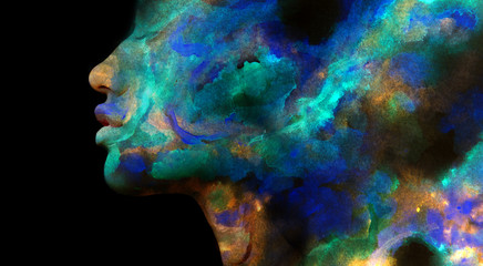 Paintography. Double exposure of colorful neon painting combined with a close up profile portrait...