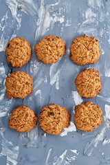 Top view close-up picture of tasty cookies on the cutting board, shallow depth of field, selective focus