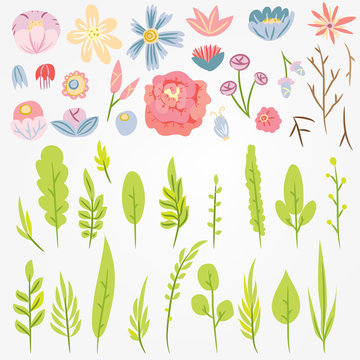 Fantastic leaves and flowers. Flat  illustratied constructor for printing production, decoration, greeting cards and invitations