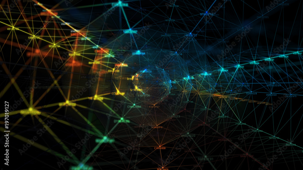 Poster block chain network and programming concept on technology background. blockchain , cryptocurrencies 