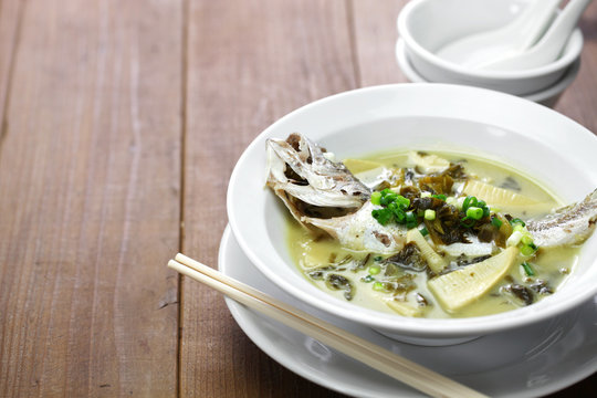yellow croaker fish soup with preserved snow vegetable, chinese cuisine
