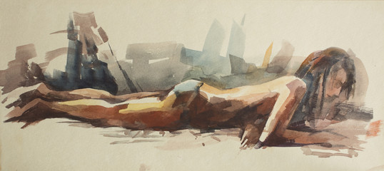 Watercolor sketches from the nudist beach. Naked girls sunbathe on the sand by the sea. Drawing paint on paper.