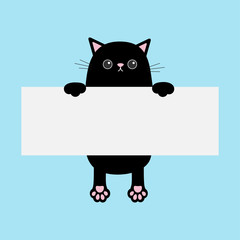 Black funny cat hanging on paper board template. Kitten body with paw print. Cute cartoon character. Kawaii animal. Baby card. Pet collection. Flat design style. Blue background Isolated
