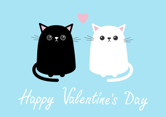 Happy Valentines Day. Black white cute cat sitting kitten set. Pink heart. Cartoon kitty character. Kawaii animal. Funny face. Love Greeting card. Flat design. Blue background