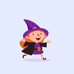 Halloween Witch runs and rejoices Girl in the witch costume Isolated Vector illustration