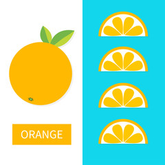 Orange fruit icon set. Slice in a row. Cut half. Healthy lifestyle food. Flat lay design. Pastel bright color. Top air view. White Blue background. Isolated.