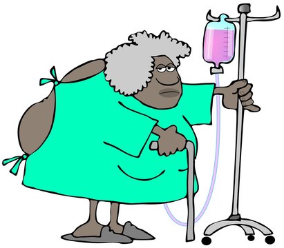 Illustration Of An Old Black Woman Wearing An Open Back Hospital Gown And Pushing An IV Cart.