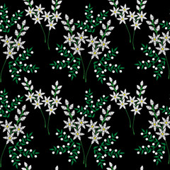 Seamless pattern with embroidery stitches imitation fashion pattern with folk flower