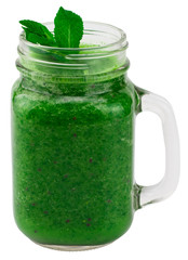 Healthy green smoothie with spinach in a jar mug isolated on white