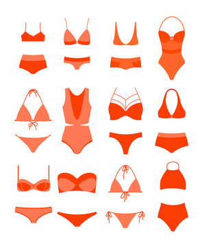 Vector illustration of woman summer bikini set. Female underwear, women s swimming suits in different design types, red color bikini collection.