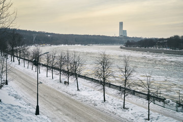 Moscow cityscape with Moscow-River in early spring