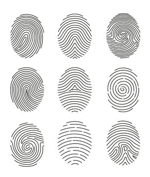 Vector illustration set of nine black line fingerprint types on white background.