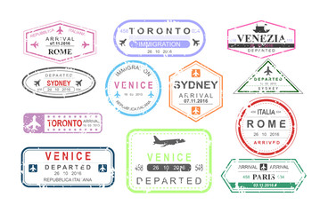Vector illustration set of isolated visa passport stamps of arriving and departure, tourism sign, arrival document, airport theme, travel concept.