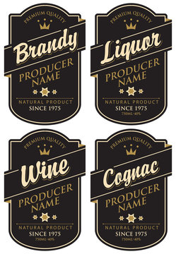 Vector set of four labels for various alcoholic beverages in the figured frame with crown and inscription on black background in retro styl