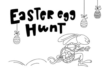 Easter rabbit is jumping with flowers and basket full of decorated eggs, and handwritten text Easter Egg Hunt