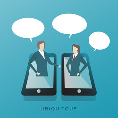 Online Communication, Business Concept Artwork, Vector Flat Design, Business Women Talking Through Display of a Phone, Work People Character Concept