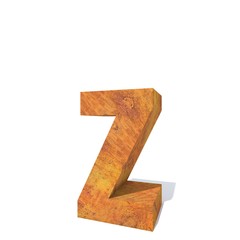 Conceptual old rusted metal font or type, iron or steel industry piece isolated white background. Educative rusty material, aged vintage surface, worn damaged object as 3D illustration rough surface